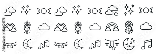 Line icons set featuring weather, moon phases, and music symbols for graphic design