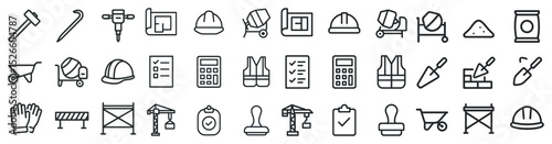 Construction tools and safety equipment icons for design and planning