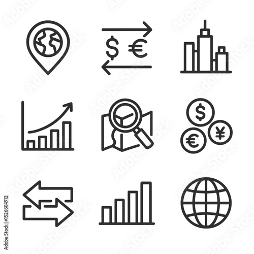 Global Cost Comparison Icons. Outline icon set of regional cost comparisons: world map marker, currency exchange rate arrows, city