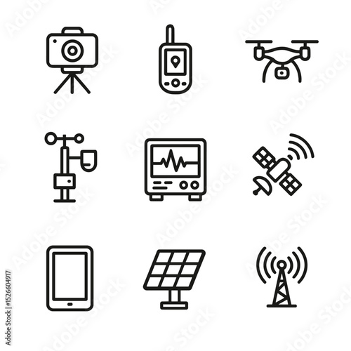 Glacier Tech Icons. Outline icon set of glacier monitoring technology: time-lapse camera, GPS receiver, drone, weather station,