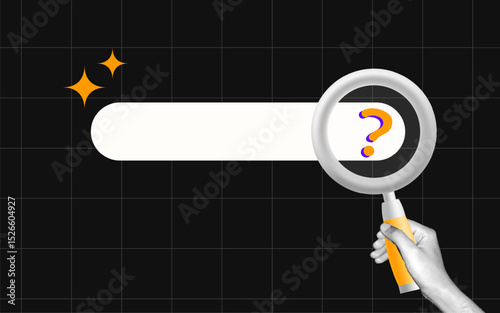 Search bar with halftone collage hand holding magnifying glass and question mark, online search