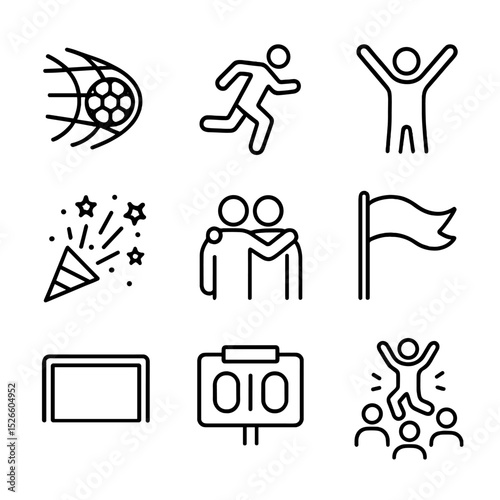 Goal Celebration Icons. Outline icon set of goal celebration rush: ball hitting net, running figure, arms up, confetti burst,