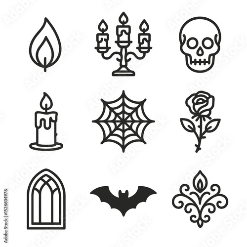 Gothic Candle Icon Set. Outline icon set of gothic candelabra candle: candle flame, candelabra, skull motif, dripping wax, spider