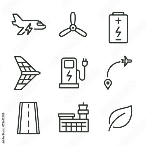 Green Aviation Icons. Outline icon set of green aviation: electric airplane, propeller blade, battery module, runway outline,
