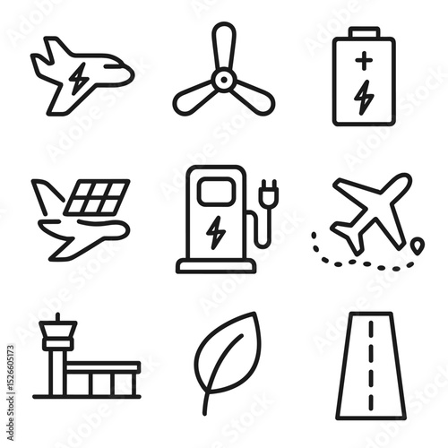 Green Aviation Icons. Outline icon set of green aviation: electric airplane, propeller blade, battery module, runway outline,
