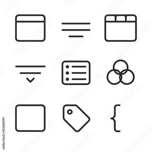 Icon Set Grid. Outline icon set of information grouping: card container, section divider, tab panel, accordion item, list group,