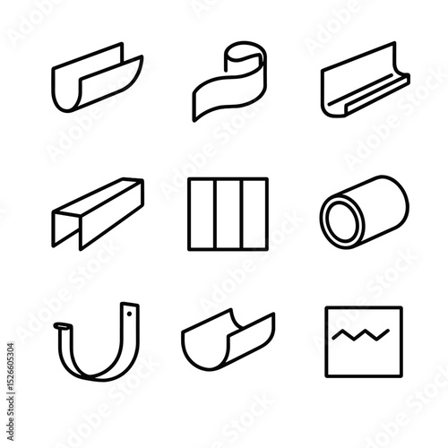 Gutter Materials Icons. Outline icon set of gutter materials: aluminum profile, copper strip, vinyl channel, steel section, zinc