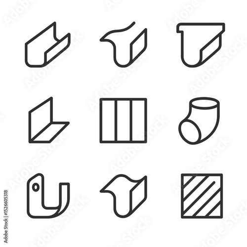 Gutter Materials Icons. Outline icon set of gutter materials: aluminum profile, copper strip, vinyl channel, steel section, zinc