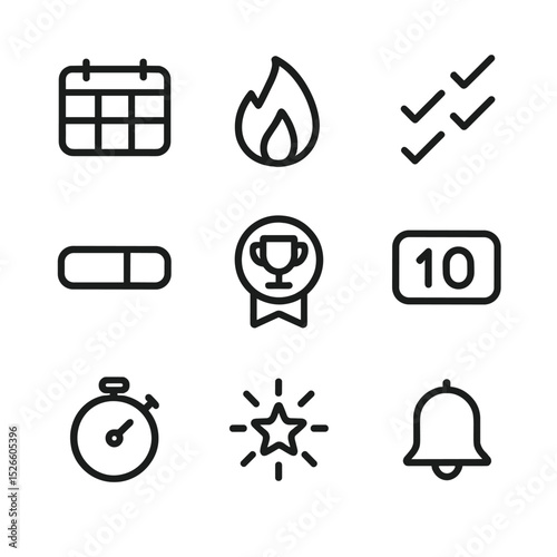 Habit Tracker Icons. Outline icon set of habit streak tracking: calendar grid, flame icon, checkmark chain, progress bar, trophy
