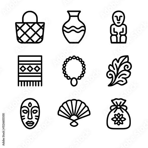 Handicraft Icon Collection. Outline icon set of handicrafts and souvenirs: woven basket, pottery vase, carved figurine, textile