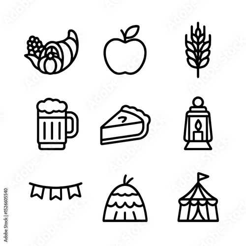 Harvest Festival Icons. Outline icon set of harvest festival: cornucopia, apple, wheat sheaf, cider mug, pie slice, lantern,