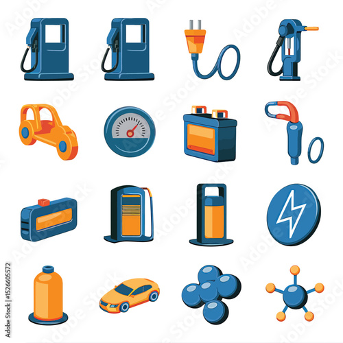 vector icons to vehicle fueling and charging a gasoline pump, an electric vehicle plug hydrogen mole