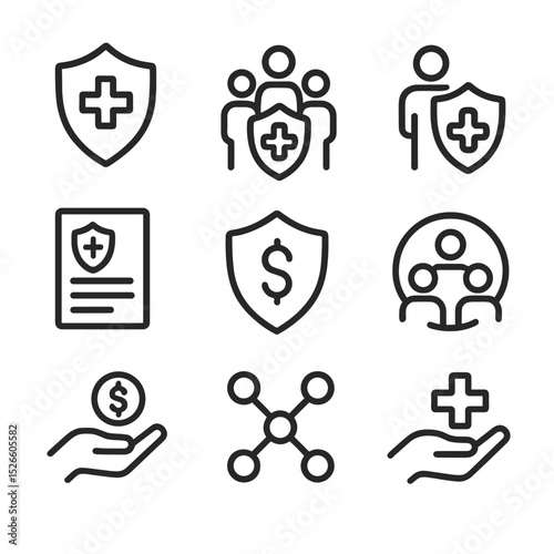 Health Insurance Icon Set. Outline icon set of health insurance types: HMO, PPO, EPO, Medicaid, Medicare, insurance policy,