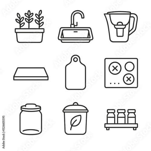 Healthy Kitchen Icons. Outline icon set of healthy kitchen design: herb garden planter, stainless steel sink, matte countertop,