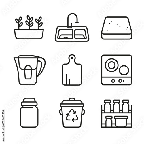 Healthy Kitchen Icons. Outline icon set of healthy kitchen design: herb garden planter, stainless steel sink, matte countertop,