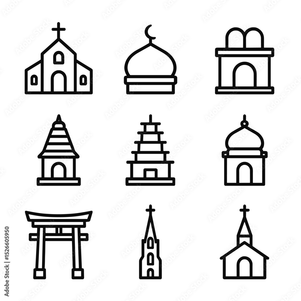 Obraz premium Houses of Worship Icons. Outline icon set of houses of worship: church facade, mosque dome, synagogue Ark, Hindu temple shikhara,