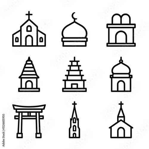 Houses of Worship Icons. Outline icon set of houses of worship: church facade, mosque dome, synagogue Ark, Hindu temple shikhara,