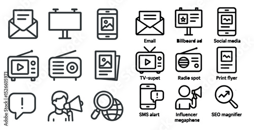Digital and traditional media icons for marketing campaigns and communication design