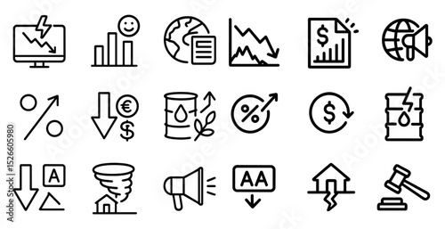 Financial crisis icons set for global market analysis and economic reports