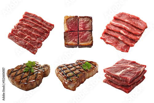 A collection of various cuts of raw meat, showcasing an assortment of marbled beef steaks, each piece carefully arranged to highlight texture and quality, perfect for culinary pres