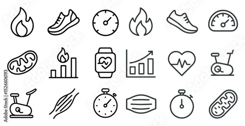 Fitness and health icons featuring exercise equipment and heart monitoring symbols