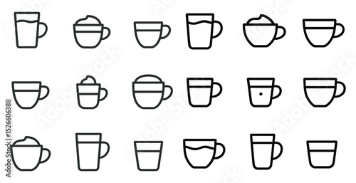 Variety of minimalist coffee and tea mug icons for design projects