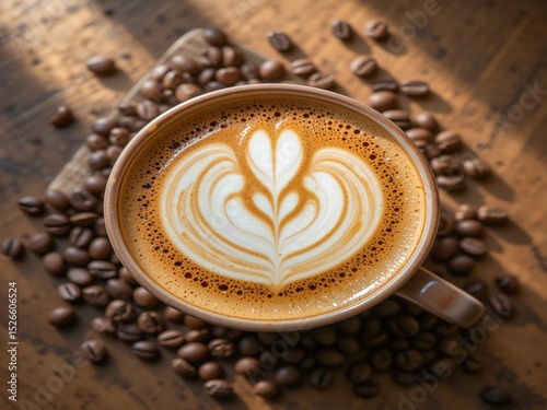 A top-down view of a beautifully crafted latte in a ceramic cup, showcasing intricate latte art in the shape of a heart or a leaf. The cup is placed on a wooden table with soft morning light, surround