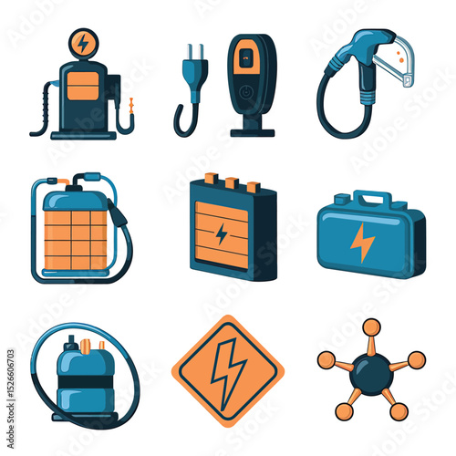 vector icons to vehicle fueling and charging a gasoline pump, an electric vehicle plug hydrogen mole