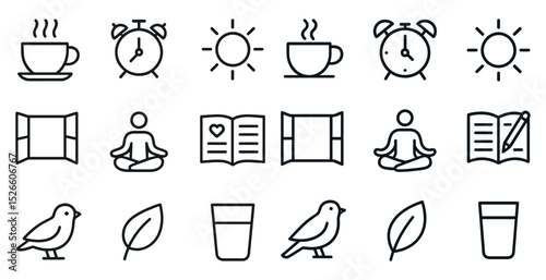 Morning routine icons: coffee, meditation, reading, and nature elements