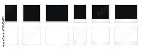 Collection of black placeholder polaroid photo frames in various orientations with white borders designed for scrapbook mockup vintage collage layout photography memory archive or nostalgic decoration