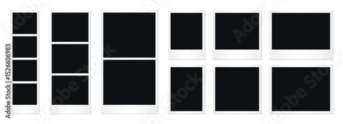 Assorted vertical and horizontal blank photo frames with white polaroid style borders arranged in mixed layout template for vintage scrapbook album memory preservation and instant photography design