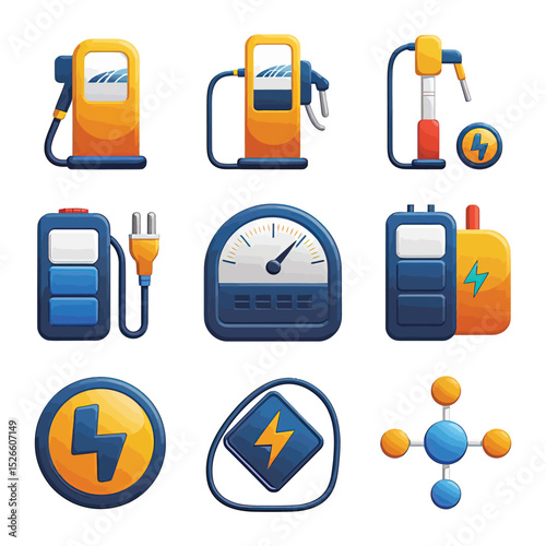 vector icons to vehicle fueling and charging a gasoline pump, an electric vehicle plug hydrogen mole