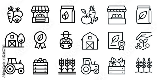 Organic farming and market icons for eco-friendly design projects