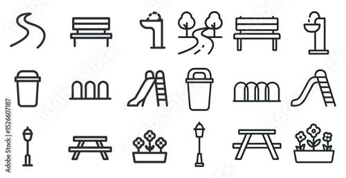 Park and playground outline icons for urban design and landscaping projects