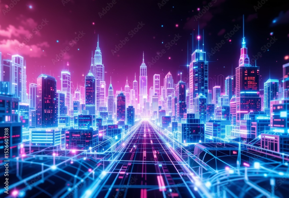 Obraz premium A wireframe cityscape transforming into a vibrant Metaverse.