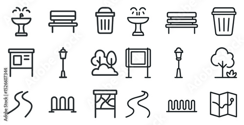 Urban park icons set featuring benches, fountains, and pathways for design projects