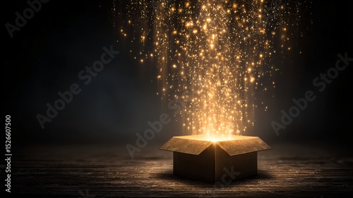 Golden sparkling lights magically emerge from an open cardboard box resting on a dark wooden surface creating an enchanting scene full of surprise and wonder.