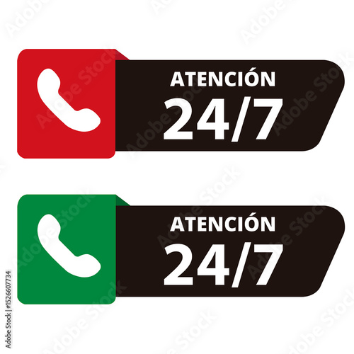 Red and green 24-7 atencion sign on a white background with copy space (Trad. 