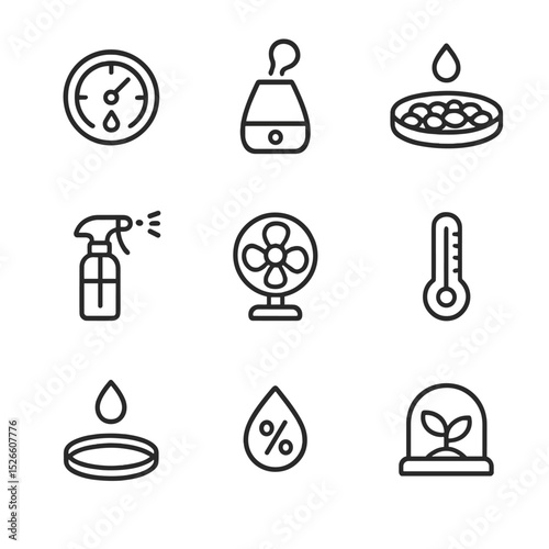 Humidity Control Icons. Outline icon set of humidity control methods: hygrometer, humidifier, pebble tray, mist spray bottle,