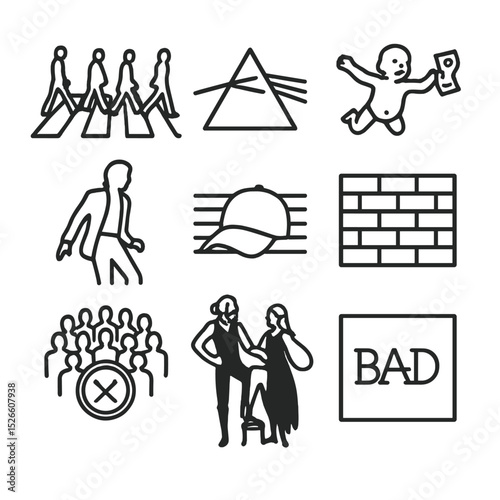 Iconic Album Covers. Outline icon set of iconic album covers: Abbey Road zebra crossing, Dark Side prism, Nevermind baby, Thriller