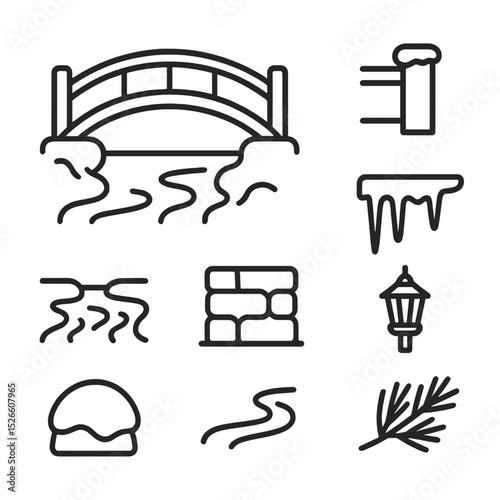 Iconic Winter Bridge Set. Outline icon set of wooden bridge over icy creek: arched bridge, frozen creek, railing post, snow cap,