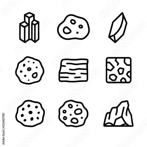 Igneous Rock Icons. Outline icon set of igneous rock types: basalt column, granite boulder, obsidian shard, pumice fragment,