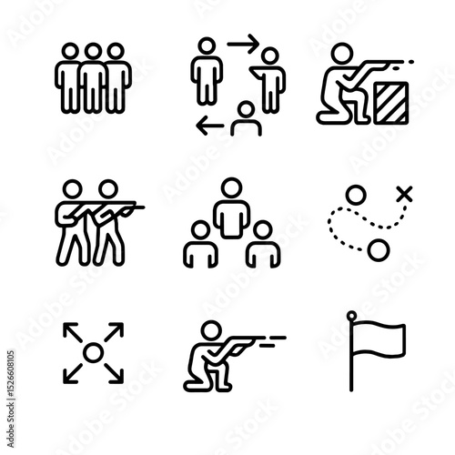 Infantry Tactics Icons. Outline icon set of infantry tactics: squad formation, flanking maneuver, cover fire, assault team,