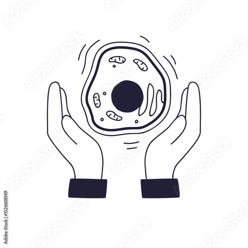 Hands holding a cell, symbolizing care and scientific exploration.