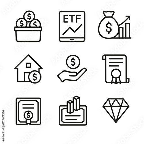 Investment Icon Set. Outline icon set of investment vehicles: mutual fund, exchange-traded fund, hedge fund, private equity, real