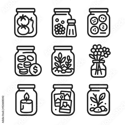 Jar Icon Set. Outline icon set of jar usage scenarios: food preserve, spice storage, craft supply, coin jar, terrarium, flower