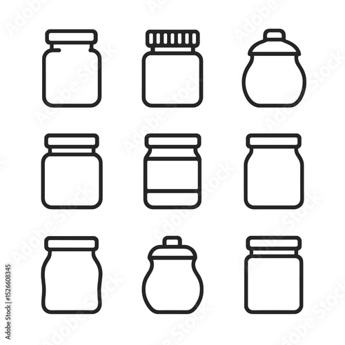 Jar Icons Grid. Outline icon set of jar materials and finishes: glass jar, plastic jar, ceramic jar, stainless steel jar, bamboo