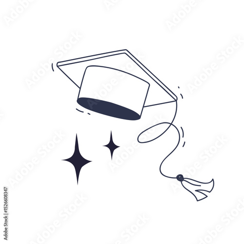 A graduation cap with tassel and stars symbolizes achievement and new beginnings.
