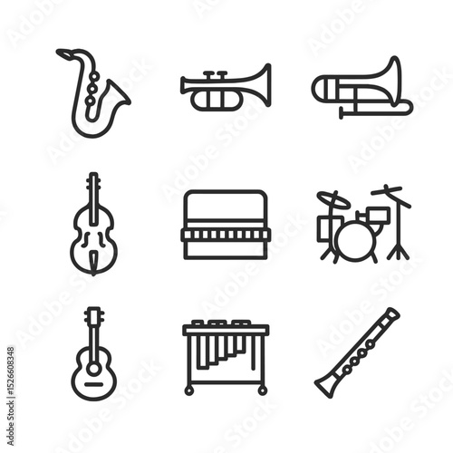 Jazz Band Icons. Outline icon set of jazz band instruments: saxophone, trumpet, trombone, double bass, piano, drum kit, guitar,