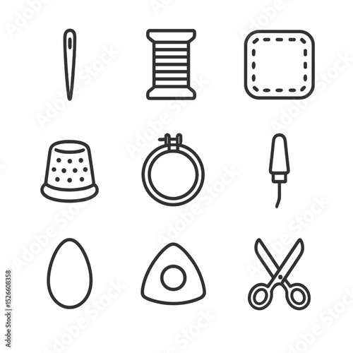 Jean Repair Tools Icons. Outline icon set of jean repair tools: denim needle, heavy thread spool, patch piece, thimble, embroidery